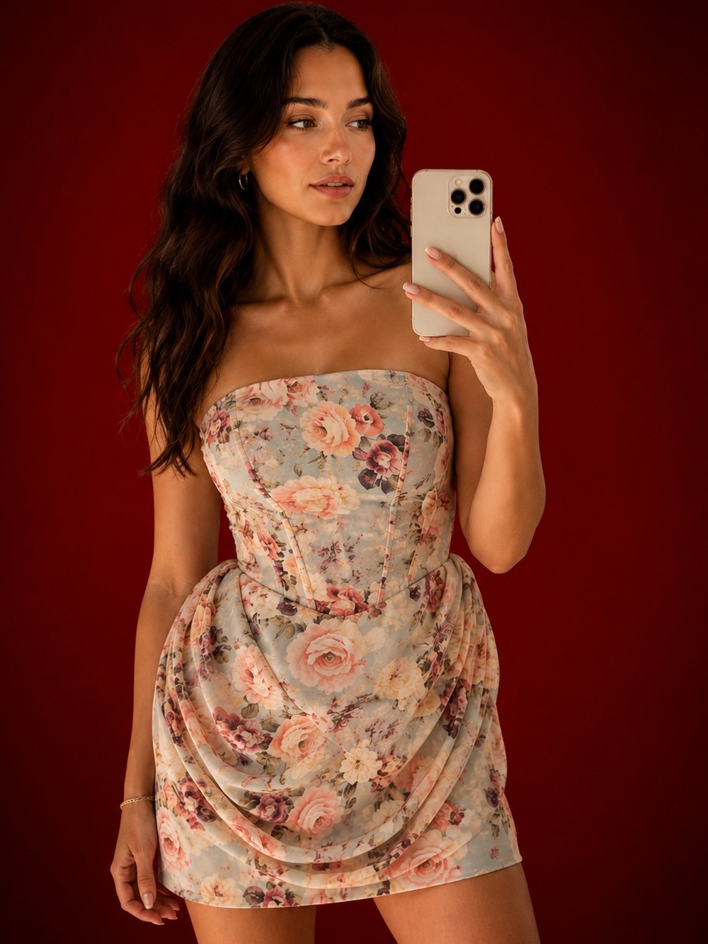 For Love & Lemons Delphine Strapless Velvet Draped Floral Mini Dress